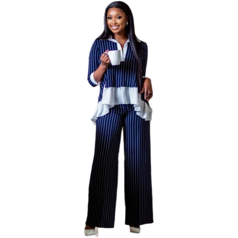 ZARA Women Striped Contrast Irregular Top Straight Leg Pants African Set